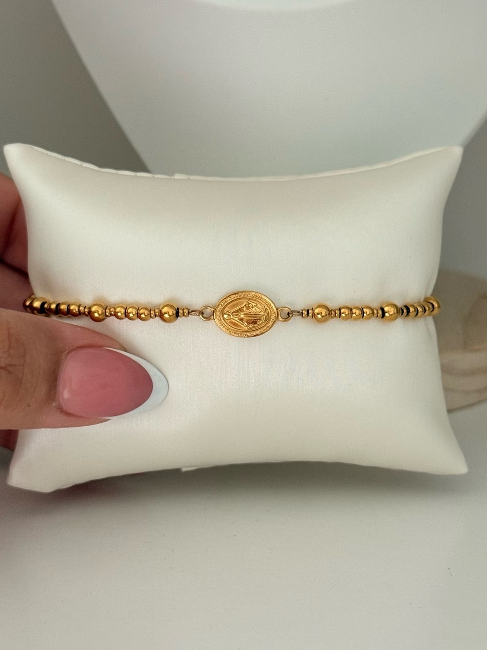 Gold Bead Bracelet with Oval Medal - Women Jewelry
